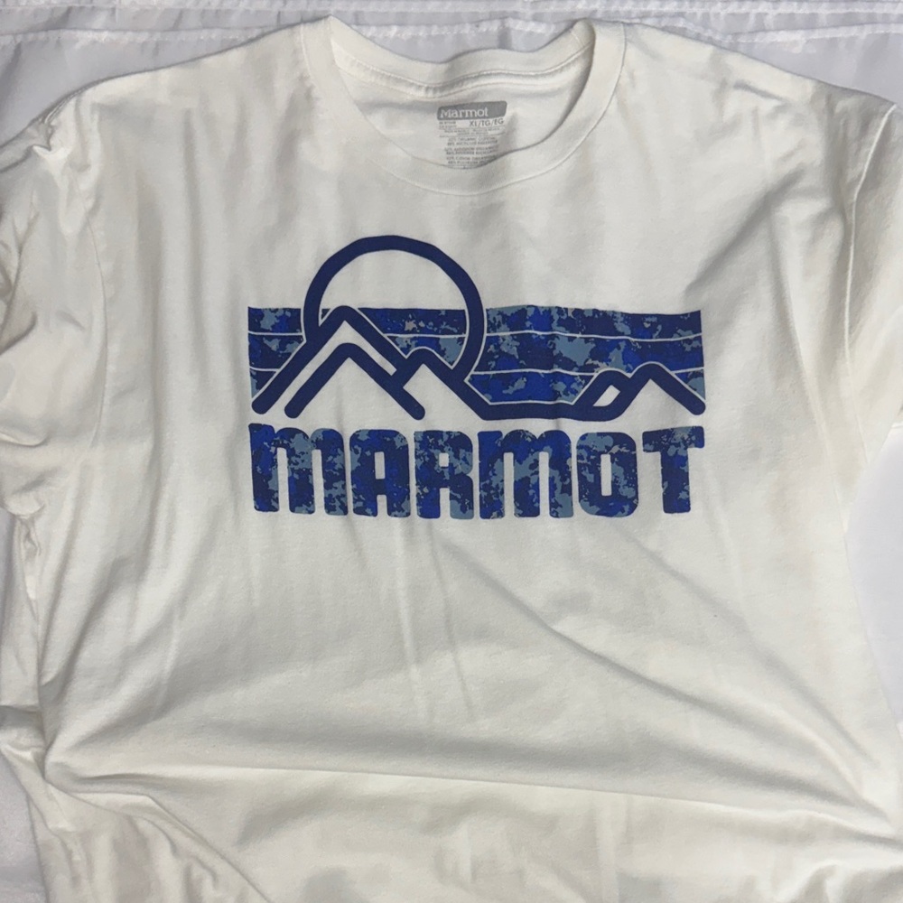 Marmot White Tee with Blue Mountain Design